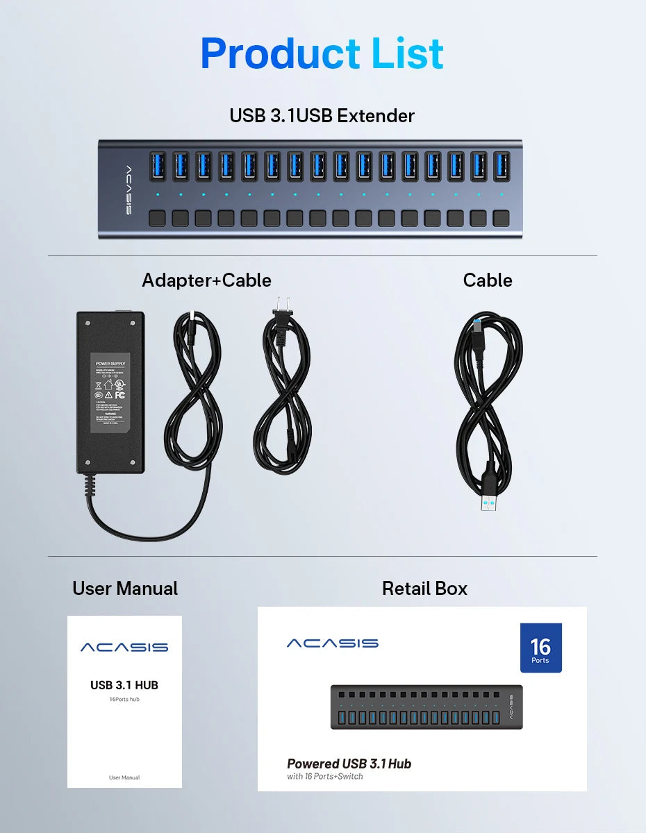 Acasis 16/10/7 Port USB Hub 10Gbps Individual Switch Charging Data Transfer for PC Laptop Workstation Multi Device Expansion