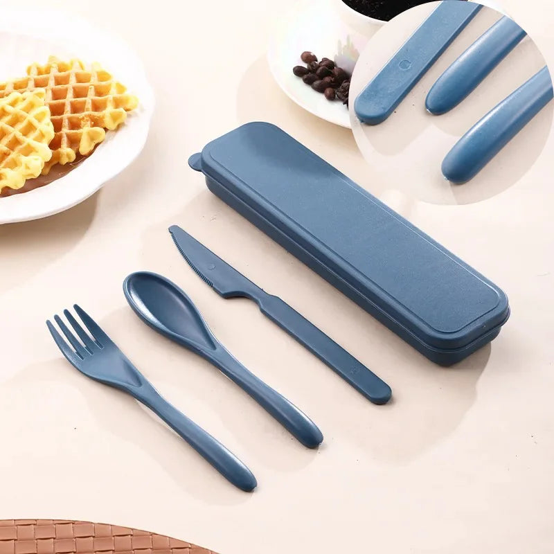 3-Piece Wheat Straw PP Utensils Set Portable Cutlery Box Lightweight Camping Travel Student Reusable Tableware  Kitchen Tools