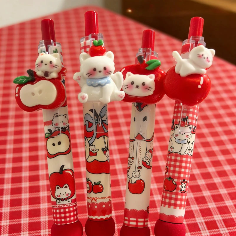 4Pcs Kawaii Apple Cat Gel Pen 0.5mm Black Ink Gel Pens Soft Grip Student Writing Pen Cute Stationery School Office Supplies