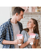 Reusable Plastic Cups With Pink Ribbons, 24 Ounces With Straws And Lids. For Parties, Drinking, Coffee, Weddings, Birthdays