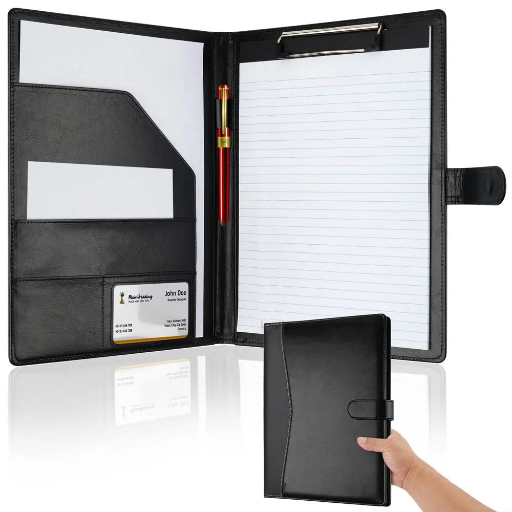 Multifunctional leather folder with A4 writing pad cover including 1 lined notepad, can hold bank cards and other storage