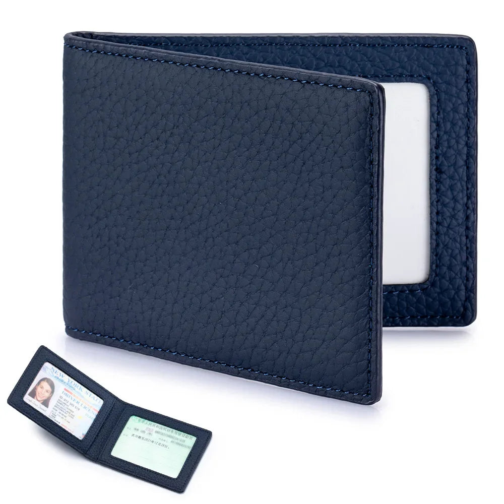 Thin Minimalist Bifold Design Driver's Licence Cover Genuine Leather ID Badge Window Slot Credit and Debit Vaccinum Cards Holder