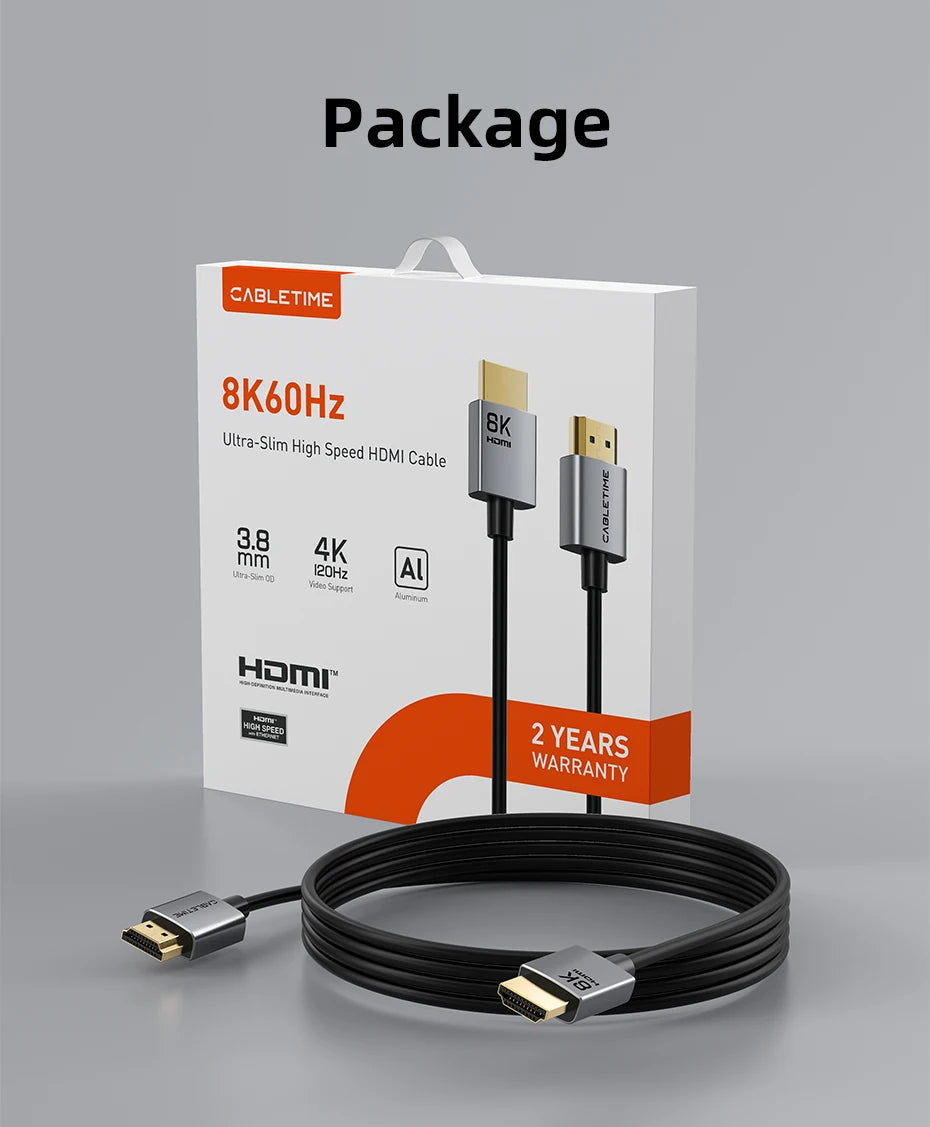 CABLETIME 8K Slim HDMI 2.1 Cable HDMI to HDMI Cable 8K@60Hz 4K@120Hz Ultra HD Resolution 3.8mm Width for Laptop Lenovo Dell