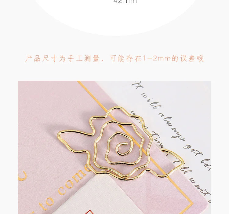 10pcs Gold Rose Flower Paper Clip Wholesale Metal Diy Flower Planner Stationery Supplies Bookmark Gift Shaped Paper Clips