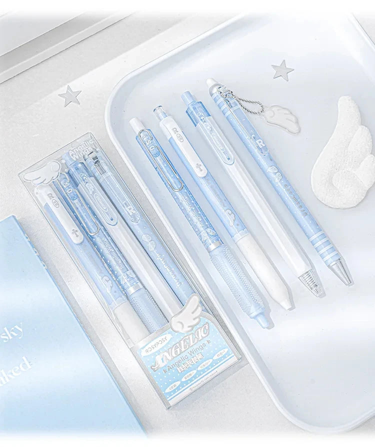 4pcs/set Pearl Angel Gel Pen Set Cute Exam Pens with Wing Design Kawaii Cartoon 0.5mm Black Ink for Kids Back To School Student