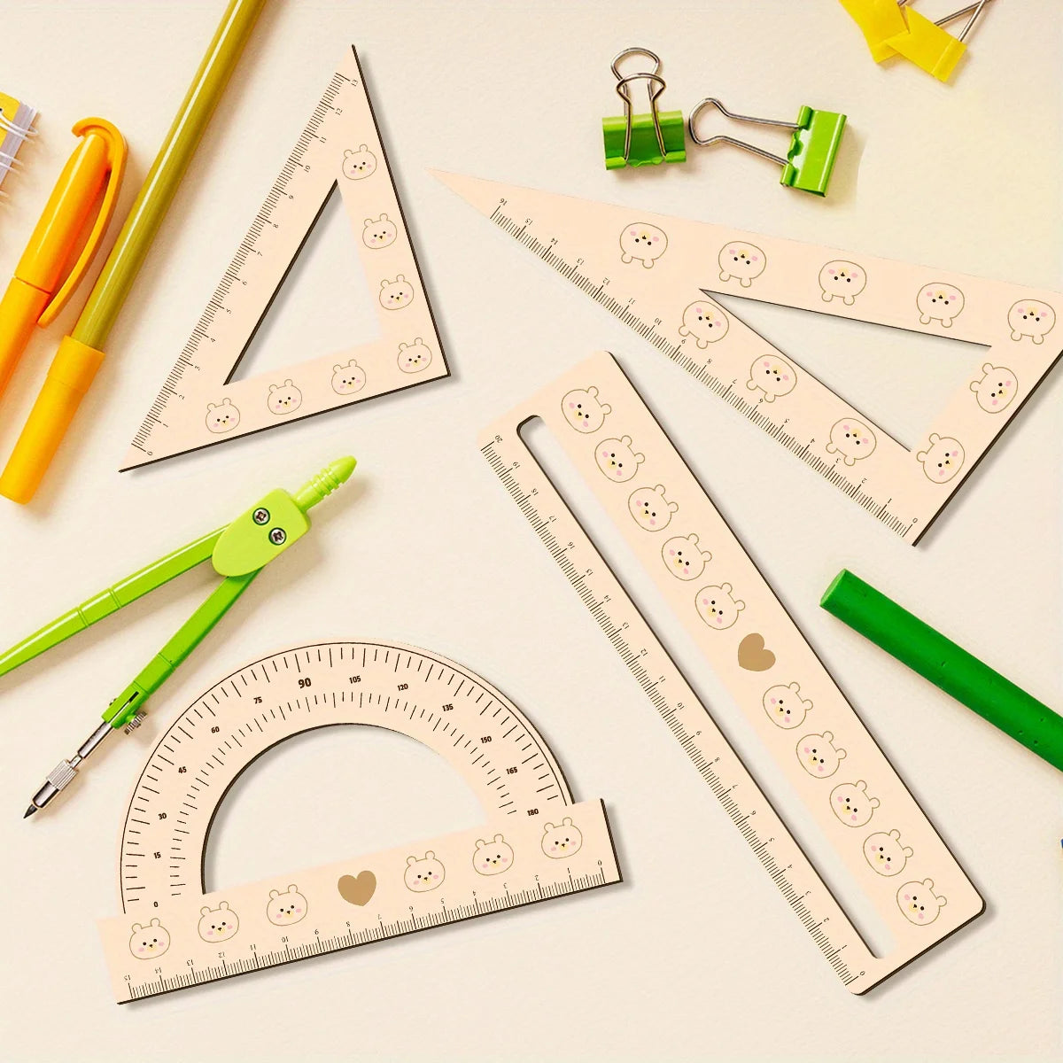 Elegant 4pcs 3mm Thick 2D Wooden Ruler Set Cute Students Math Classes Teacher Gifts Or Office Supplies Triangle Straight Ruler