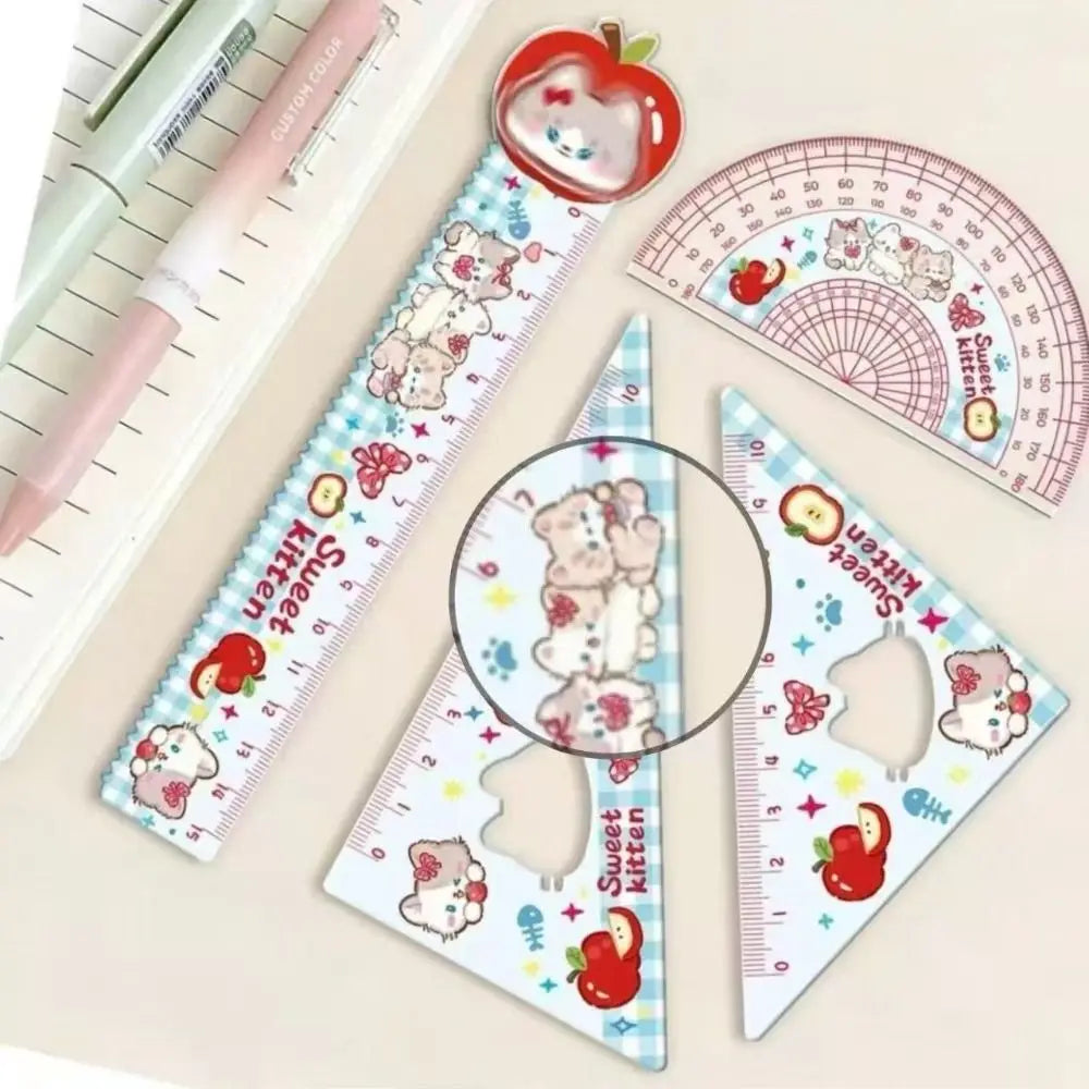 4pcs New Acrylic Ruler Set Red Kitten/Green Puppy Measurement Drawing Stationery Set Square Protractor Gift