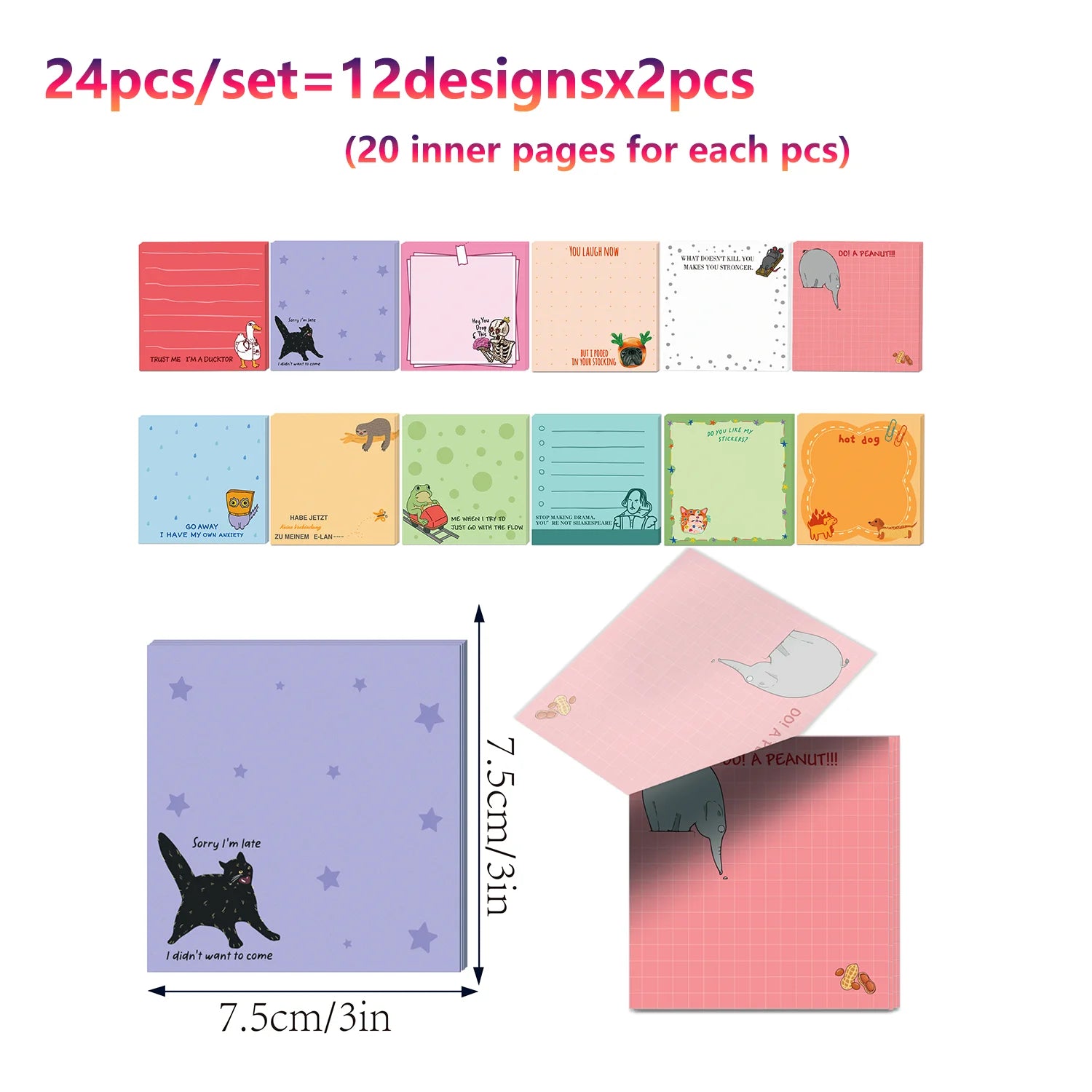 12/24pcs Cute Animals Sticky Notes Set, Refrigerator Memo Pads,Self-Stick Dog Cat Notes Pads for Home Office Gifts Supplies