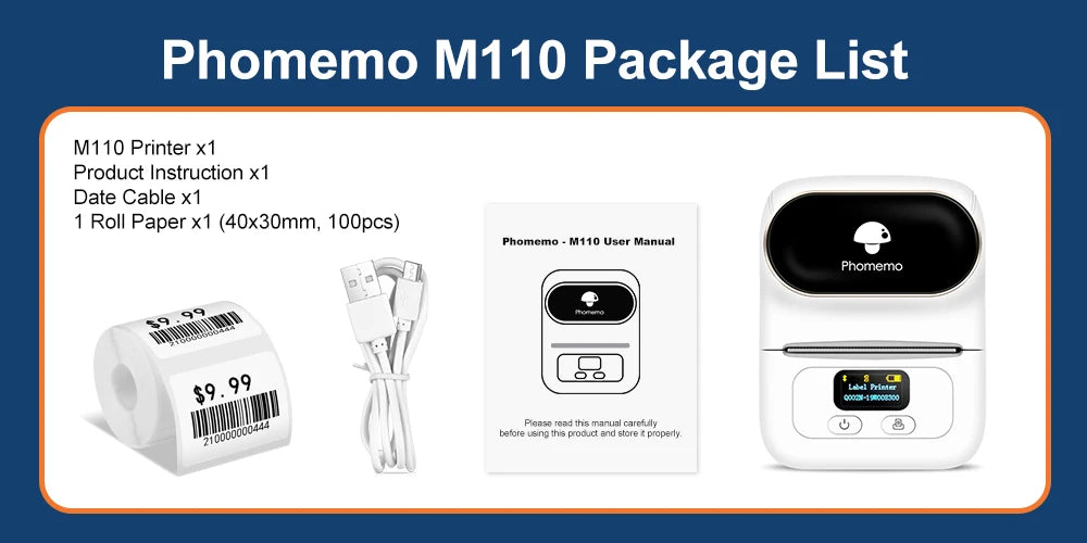 Phomemo Label Printer M110 Label Maker Barcode Label Printer for Address, Barcode, Clothing, Photo,Logo,Jewelry,Retail,Business