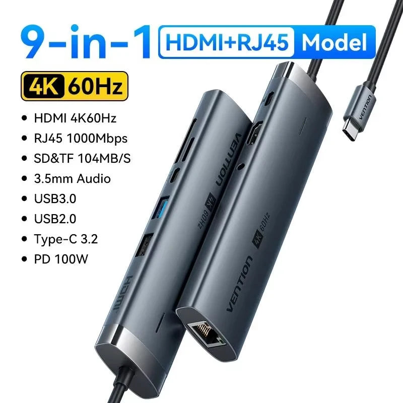 Vention USB C Hub HDMI 4K 60Hz 9 in 1 PD 100W RJ45 Adapter USB3.0 Hub 5Gbps Splitter Docking Station for MacBook Air iPad Laptop