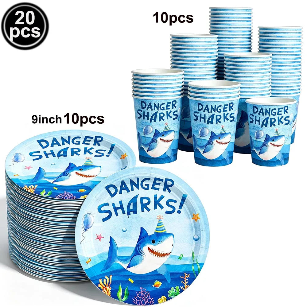 Ocean Shark Theme Disposable Tableware Cute Cartoon Marine Animal Plastic Tablecloth Kids Birthday Party Baby Shower Decor