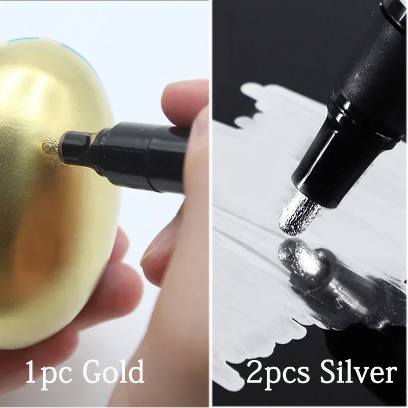 Chrome Paint Marker Reflective Liquid Mirror Paint Pens Golden Silvery Ink 2mm Writing Tip For Model Metal Wood Plastic Stone