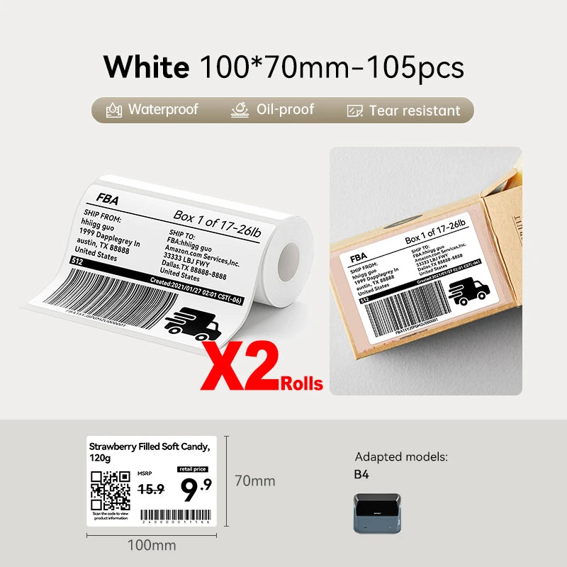 Large Size Labels for Niimbot B4 Portable 4inch Label Printer Shipping Barcode Tag Self-adhesive Stickers for Small Bussiness