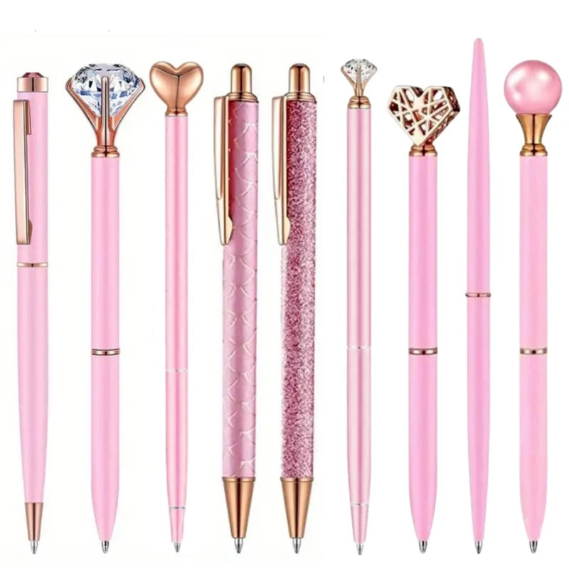 3-9pcs Rose Golden Metal Ballpoint Pen Set, Pearl Quicksand Crown, Love Artificial Diamond,School&Office Supply Gifts,Weddings