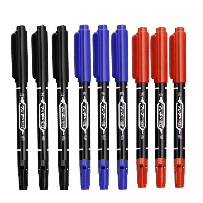 9Pcs/Set Twin Tip Permanent Art Marker Pen Double Headed Oily Waterproof Ink Black Blue Red 0.5mm 1mm Drawing Logistics Glass