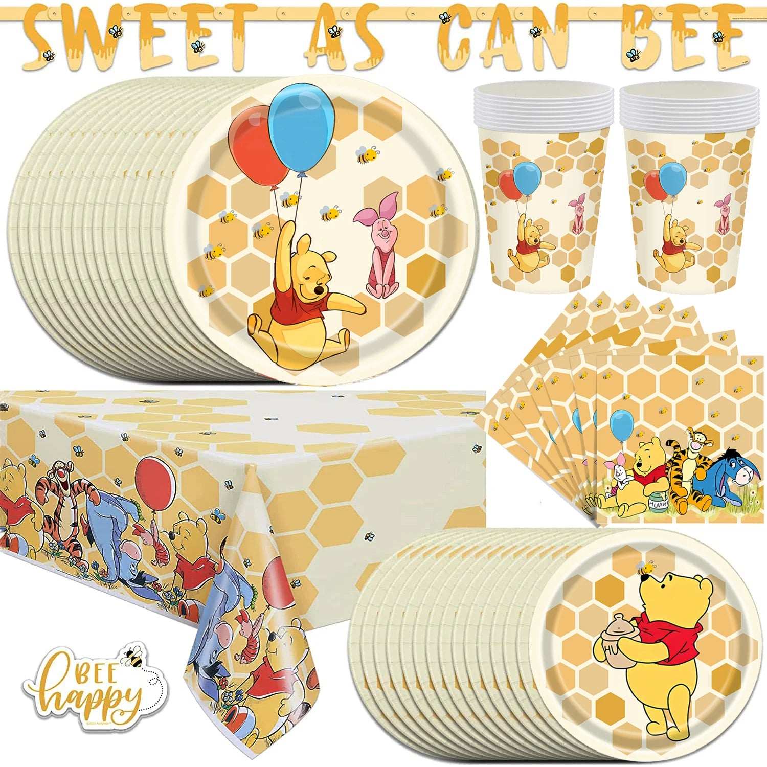 Winnie The Pooh Birthday Party Decoration Plates Napkins Table Cover Balloons Banner Baby Shower Serves 10 Guests Baby Shower