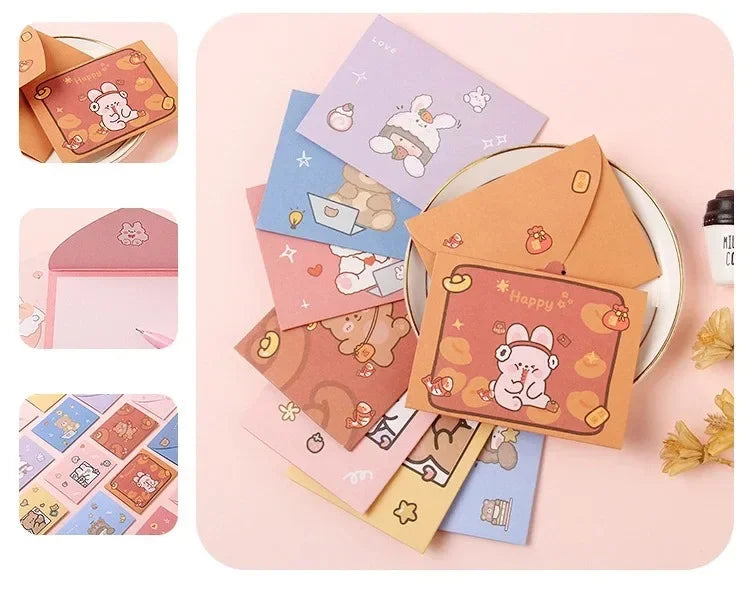 10pcs Japanese Cute Style Paper Envelopes Bear Rabbit Blessing Thank Envelope Cartoon Decoration Letter Paper Greeting Gift Card