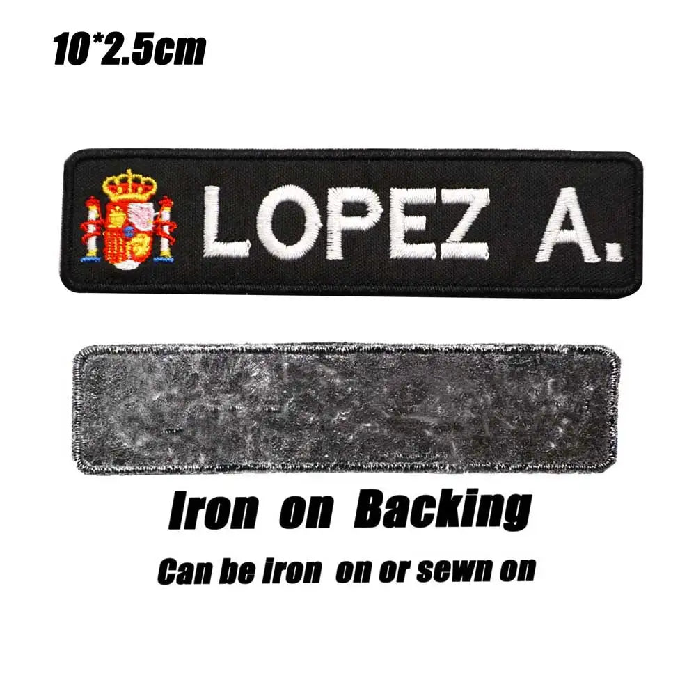Custom Spain Name Tags Army Blood Number ID Embroidered Patches with Iron on Hook Backing