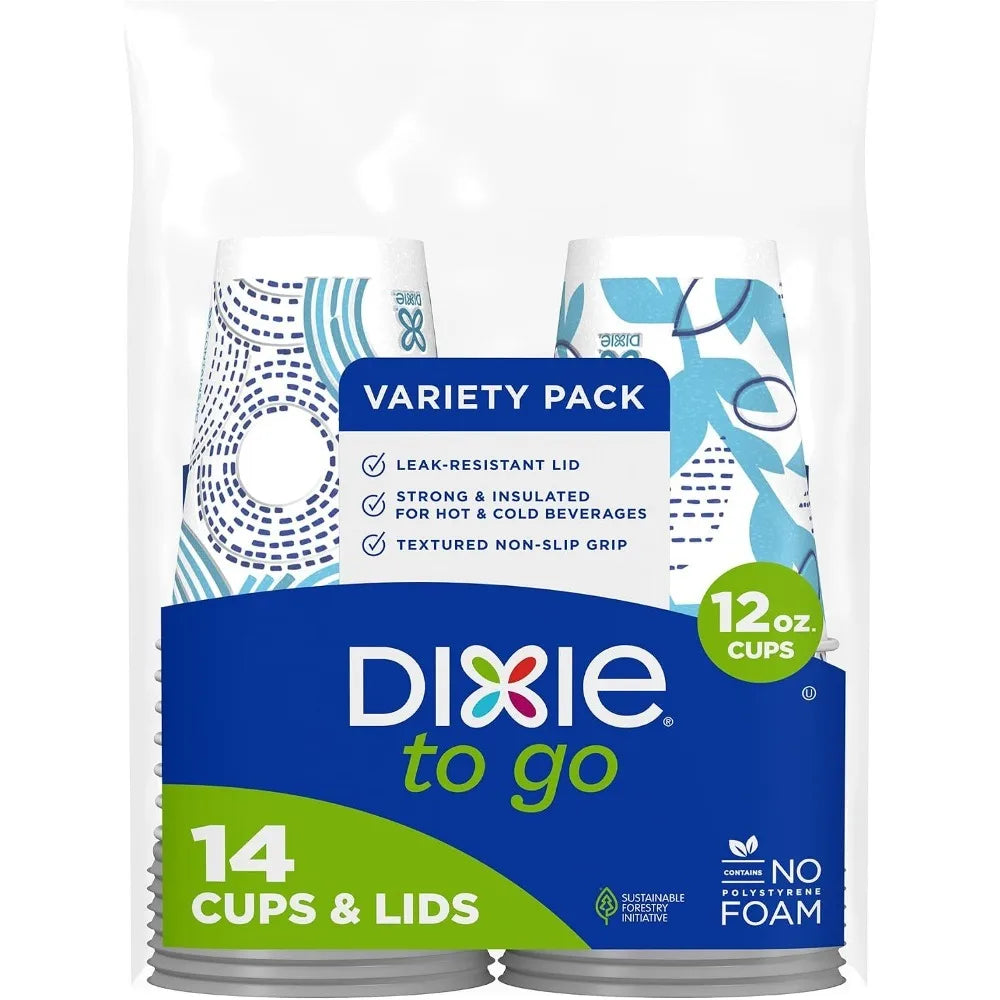 12 Oz Insulated Disposable Paper To‑Go Cups 14 Pack with Lids, Non‑Slip Leak‑Resistant Plant‑Based Travel Cups for Hot Cold Drinks