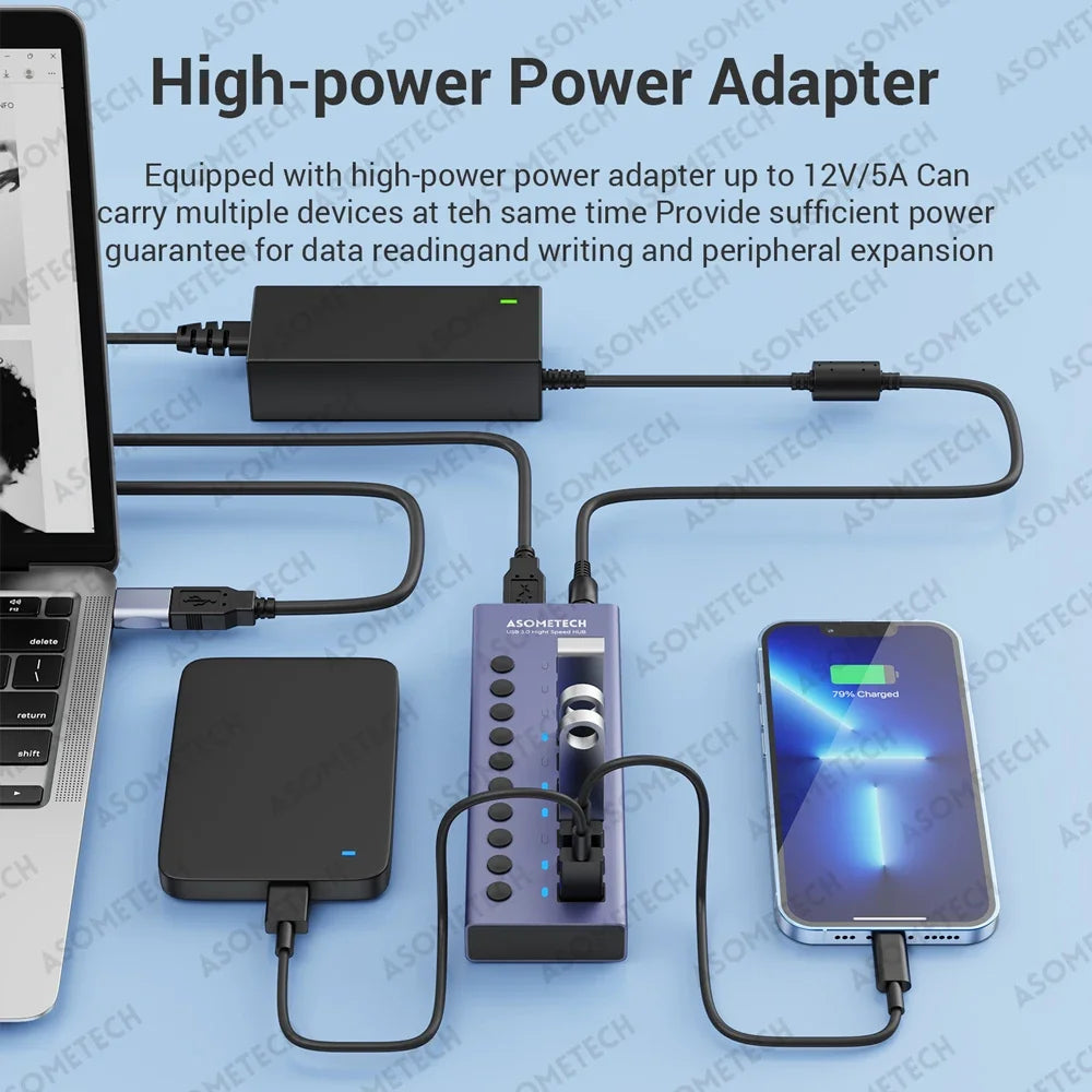4/7/10 Ports USB 3.0 Hub Multiple Splitter 12V Power Adapter with On/off Switch USB Splitter High Speed Hub for MacBook Laptop