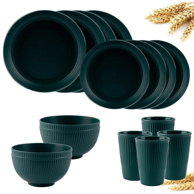 4/16Pcs Wheat Straw Tableware Set Eco Friendly Unbreakable Dinnerware Kitchen Cutlery Kids Dishes Eating Cutlery Camping