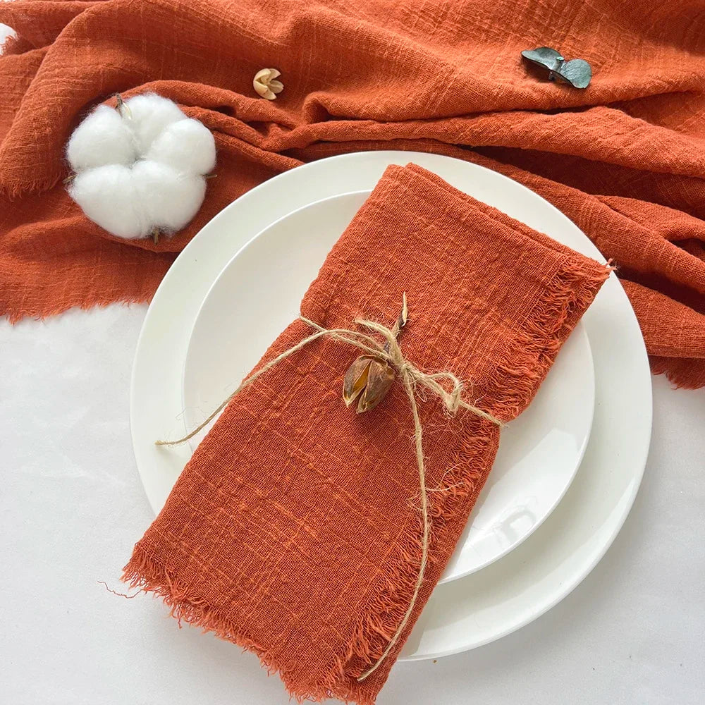 10pcs 32x32cm Gauze Cotton Wedding Napkins Reusable Green Trim Tea Towel Rustic Retro Burrs Napkins for Party Table Decoration