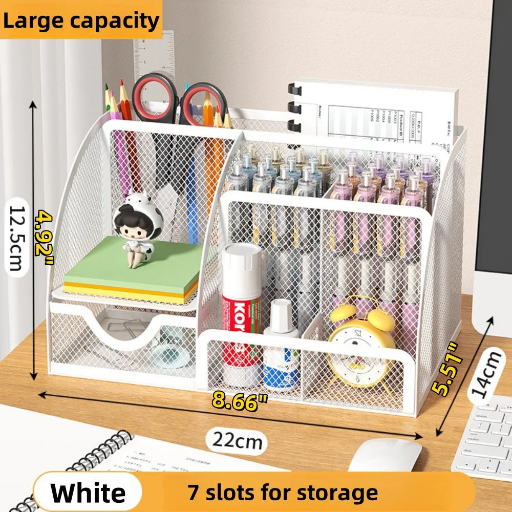 Desk Stationery Organizer Creative Metal Pen Holder Pencil File Storage Rack 7 Grid Storage Box Divided Container Office Access