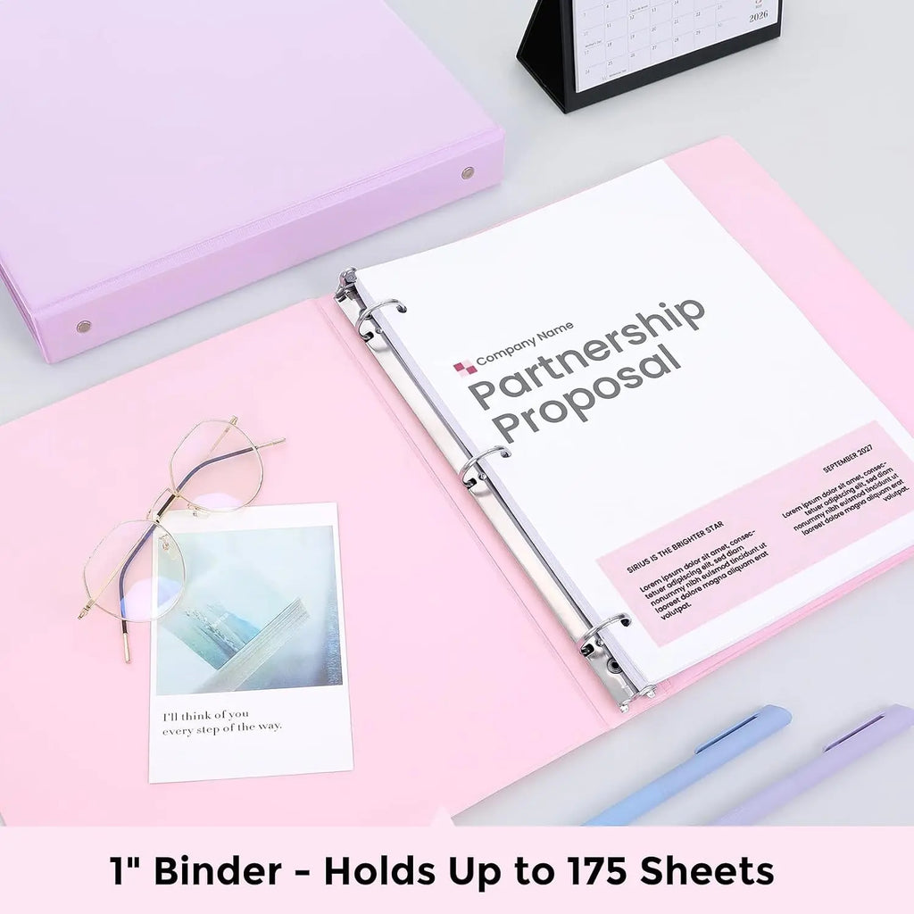 3 Ring Binder 2 Pack, 1 Inch Clear View Binders with 2 Interior Pockets, Round Ring Binder for Office & School Supplies, Pink and Purple