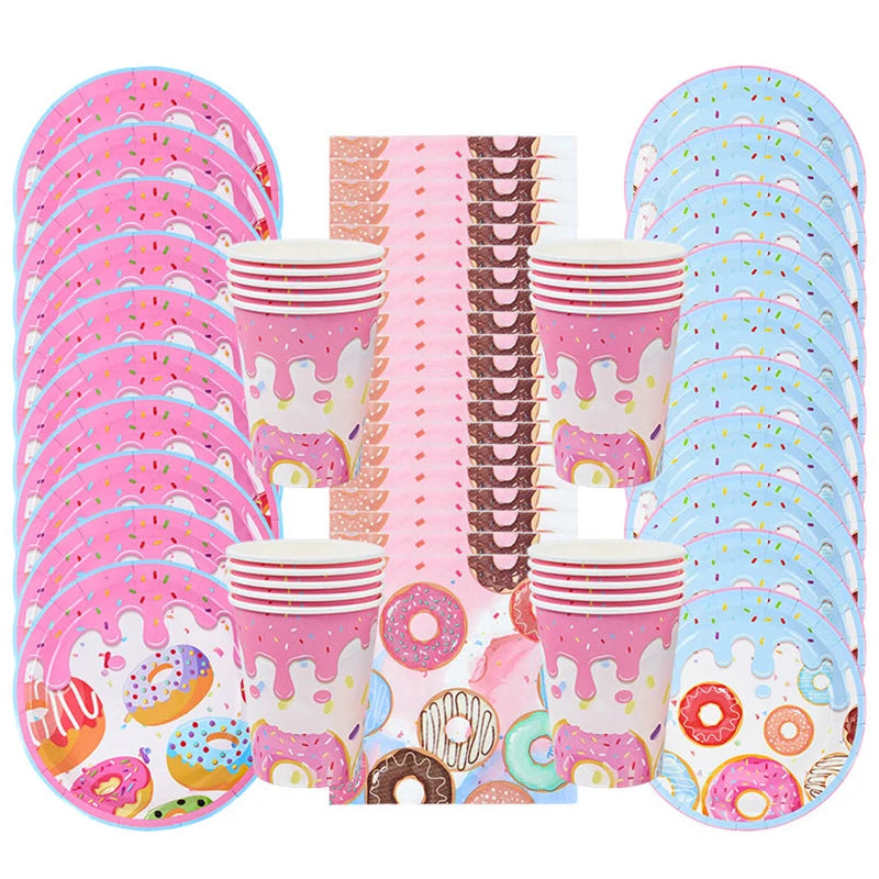 1Set Donut Party Decoration Disposable Tableware Plate Cup Napkins Candy Gift Bags Kids Baby Girl 1st Birthday Party Supplies