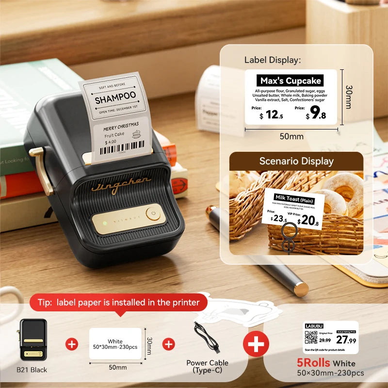 NiiMbot B21 Mini Thermal Printer Wireless Barcode Label Maker Bluetooth Portable Adhesive Label Printers for Office Commercial