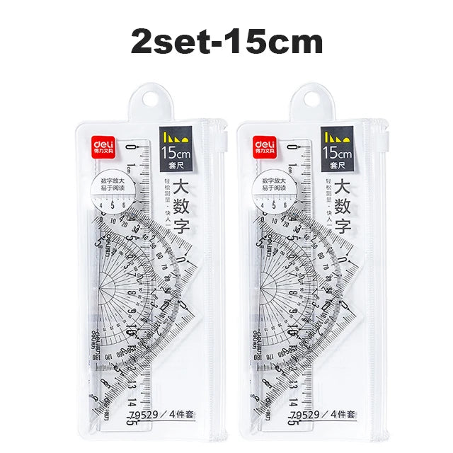 Deli 4Pcs Student Ruler Set Transparent Plastic Straight Ruler Triangle Protractor for Kids School Office Home Supplies