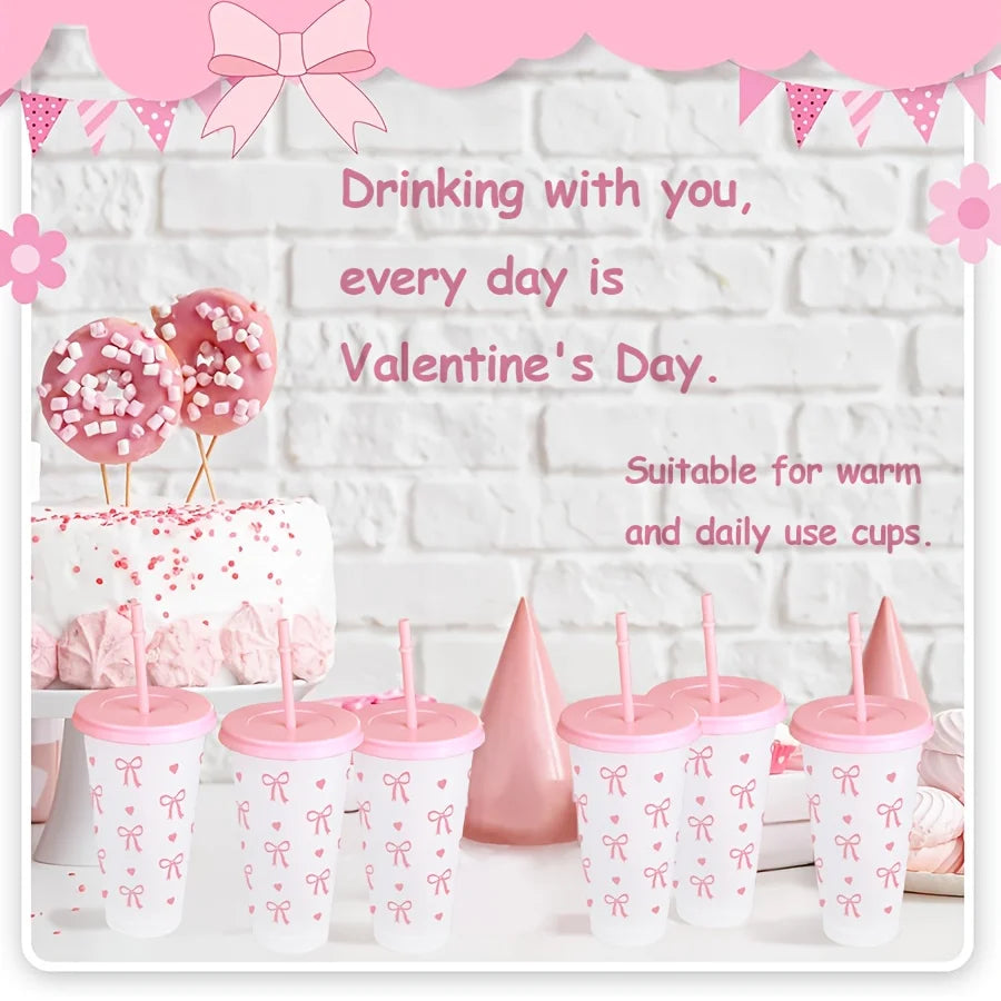 2/20pcs 24oz Reusable Party Cups with Straw & Lid Cute Bow Plastic Tumblers for Cold Drinks Home Office Outdoor Use Summer Gift