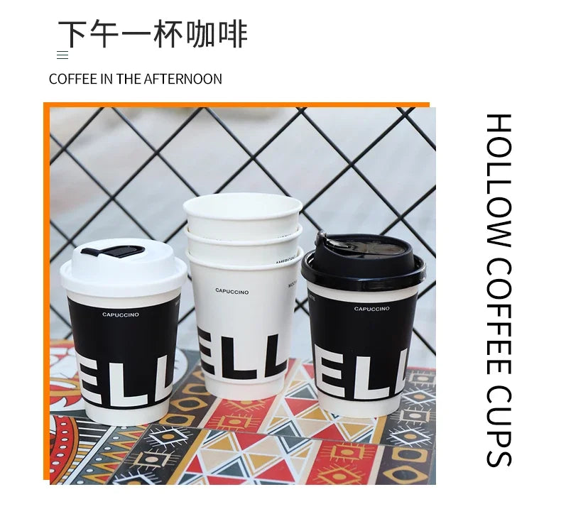 25 Sets Black Disposable Coffee Mug Double Layered Thickened Hot Drink Packaging Cup Cover and Leak Proof Fresh Milk Paper Cups