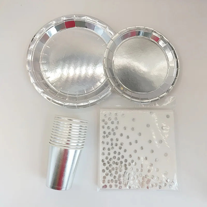 Silver Paper Plates Banner Tablecloth Birthday Party Decor Disposable Tableware Set Baby Shower Wedding Bachelor Party Supplies