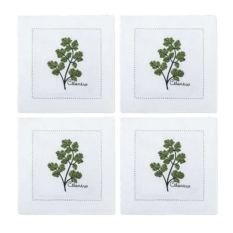New Embroidered Herb Cocktail Napkin, Pure Linen, Lavender, Rosemary, Mint，Sage，Natural, Elegant, Tea Napkin, 15x15cm,
