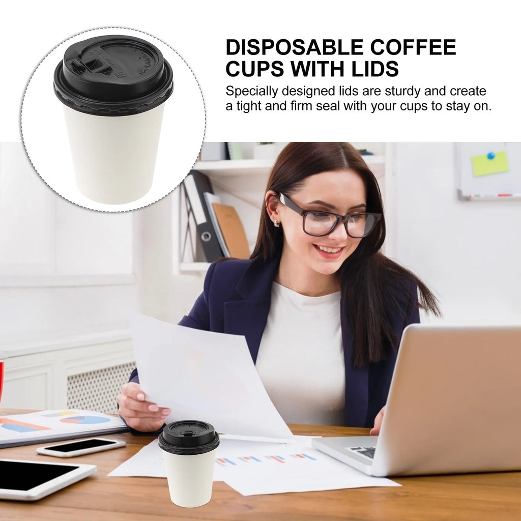 50pcs Disposable Coffee Cups Insulation Takeaway Double-Layer European Style Simplicity Paper Cup With Lid (8/12oz, 280/350ml)