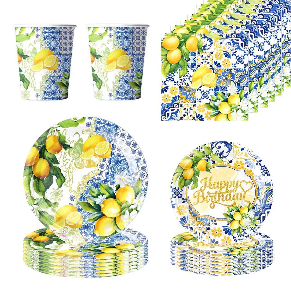Lemon Birthday Decoration Sicilian Lemon Paper Plates Cups Napkins Tablecloth Banners Spiral Baptism Dolce Vita Party Supplies