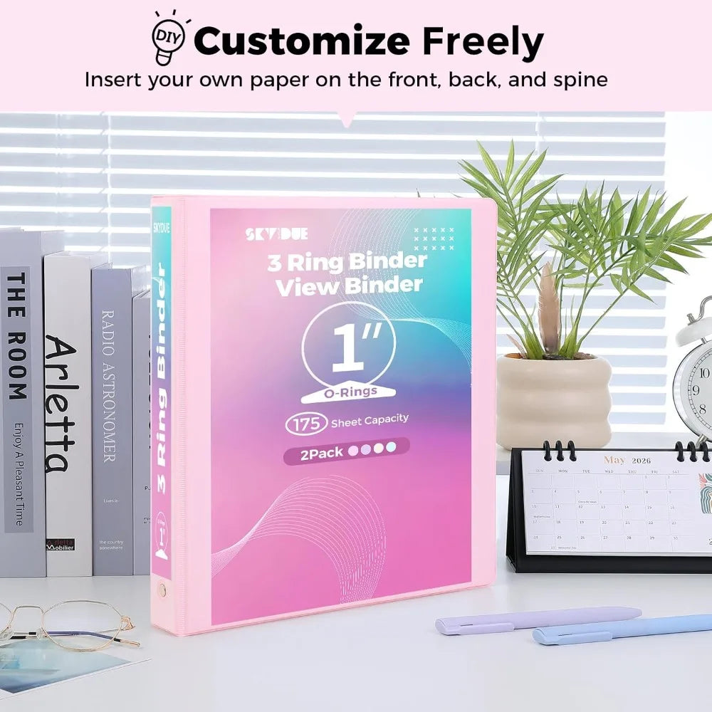 3 Ring Binder 2 Pack, 1 Inch Clear View Binders with 2 Interior Pockets, Round Ring Binder for Office & School Supplies, Pink and Purple
