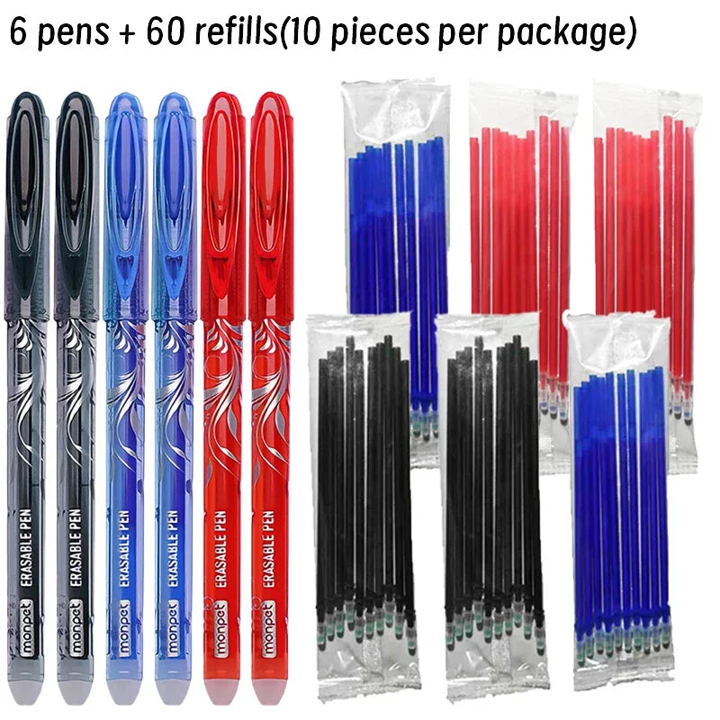 66pcs Erasable Pen refill Set Blue Black Ink Gel Pen Erasable Refill Rod Washable Handle School Office Writing Stationery