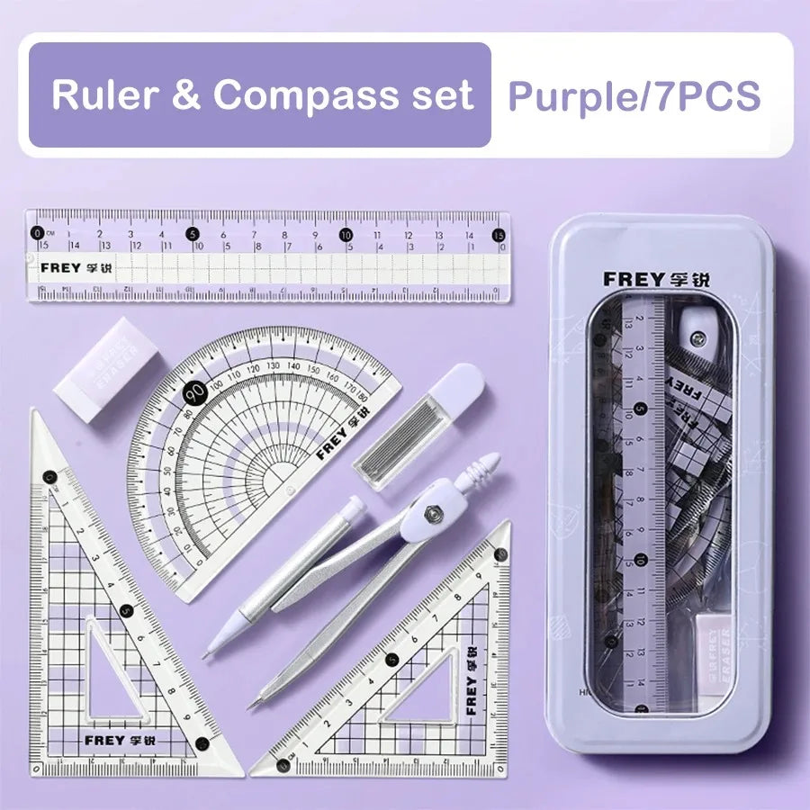 7-Pieces Plastic Geometry Drafting Kit for Students/Artists Lightweight PVC Drawing Tools with Ruler Protractor Office Supplies