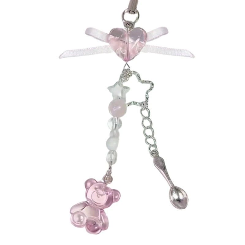 Sweet Bowknot Pendant Phone Chain Rope Wing Keychain Handmade Cellphone Strap Lanyard Acrylic Keyring Bag Ornament
