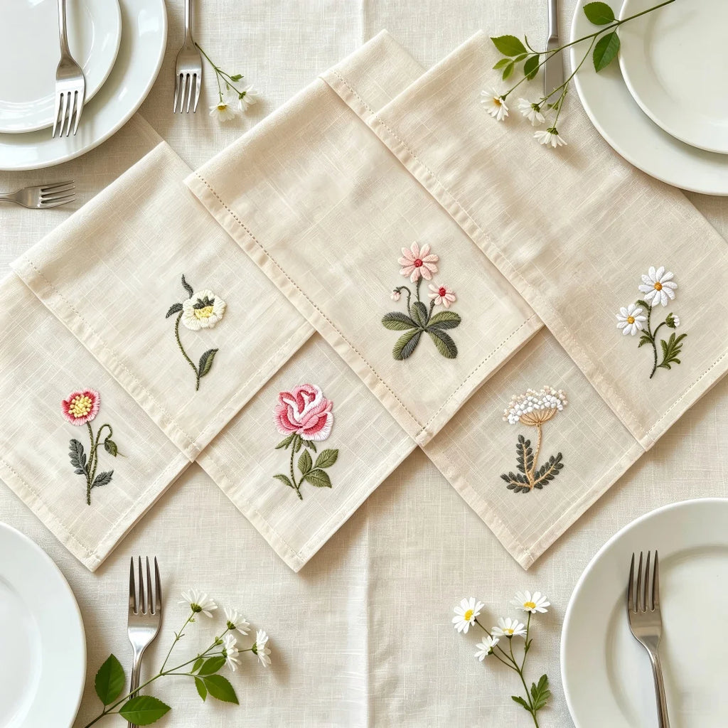 Varieties Flower,  Garden Embroidered Linen Look Floral Napkins, Placemats, Table Napkin, Hotel, Airbnb, Gift Restaurant