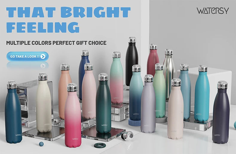 WATERSY 500ml Stainless Steel Water Bottle Insulated Vacuum Flask Double Wall Thermal Cup Keep Cold Hot Sports Kettle