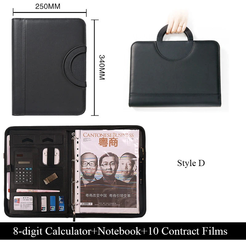 A4 Portable File Folder with Calculator Binder Organizer Manager Office Document Pad Briefcase PU Leather Padfolio Bag Customize