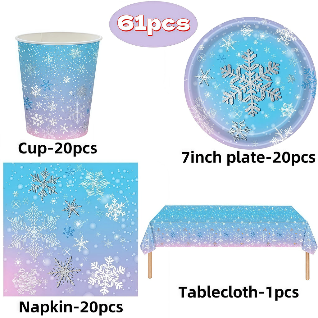 Christmas Snowflake Party Supplies Tableware Set Cups Plates Napkins Tablecloth Blue Purple Snowflake Birthday Decoration Props