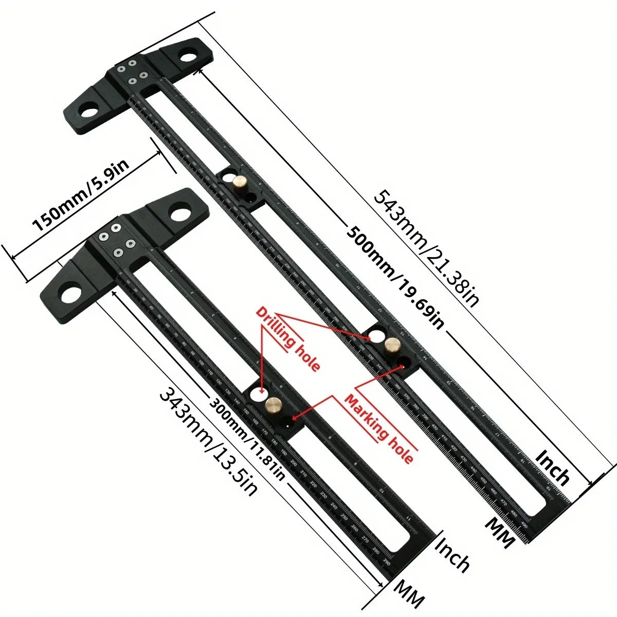 300/500MM Woodworking 2 in 1 Drilling Positioning Scoring Ruler - Adjustable T Square - Aluminum Scriber Marking Gauge Tool