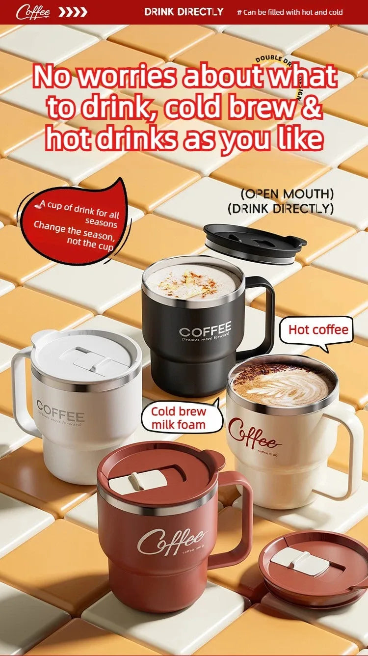 WORTHBUY 304 Stainless Steel Double Wall Insulated Coffee Cup With Handle Portable Students Leak-proof Water Cup Milk Coffee Mug