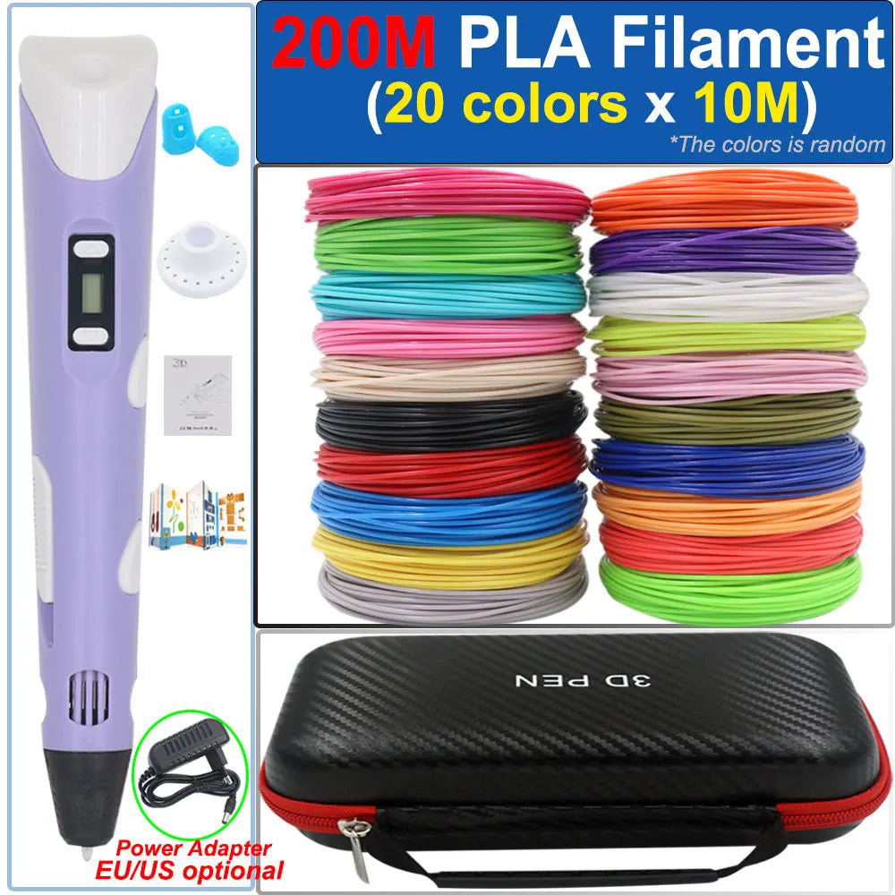 Children's 3D Pen 3D Drawing Printing Pen with LCD Screen Power Adapter 200M PLA Filament Toy Kids Christmas Birthday DIY Gift