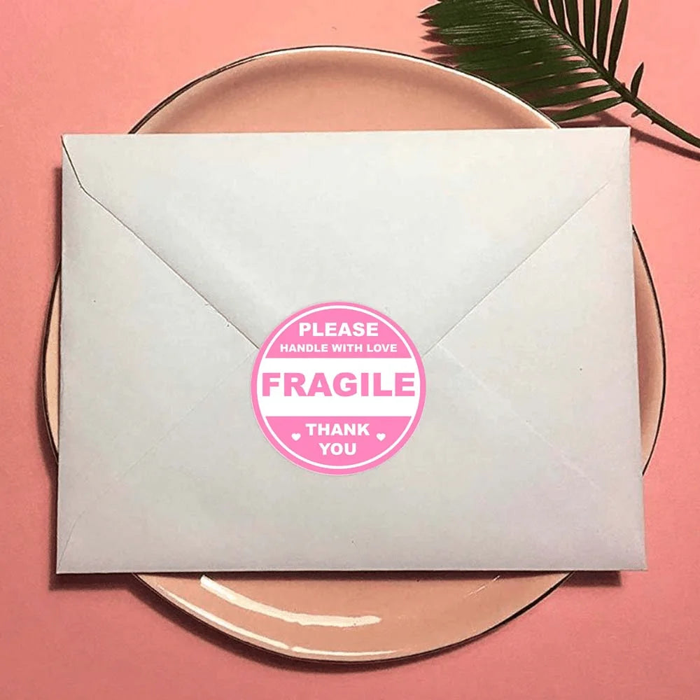 60 PCS 2 inch Pink Round Do Not Crush Bend or Fold Handle with Love Stickers Shipping Mailing Cartons Envelops Adhesive Labels