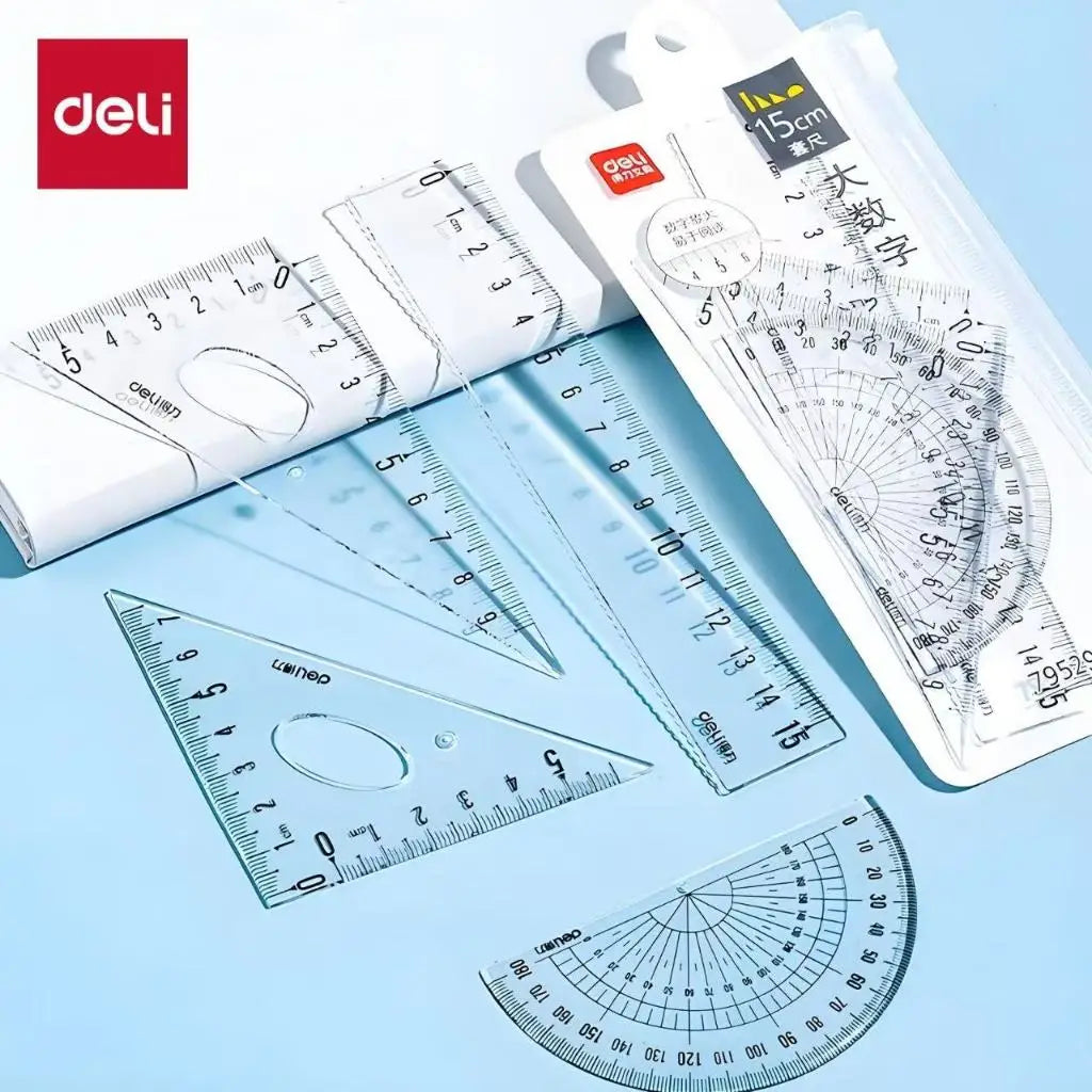 DELI Transparent Geometry Set 4 PCS Math Drawing Tools with Ruler Protractor Triangle Easy Read Measurement for Students School